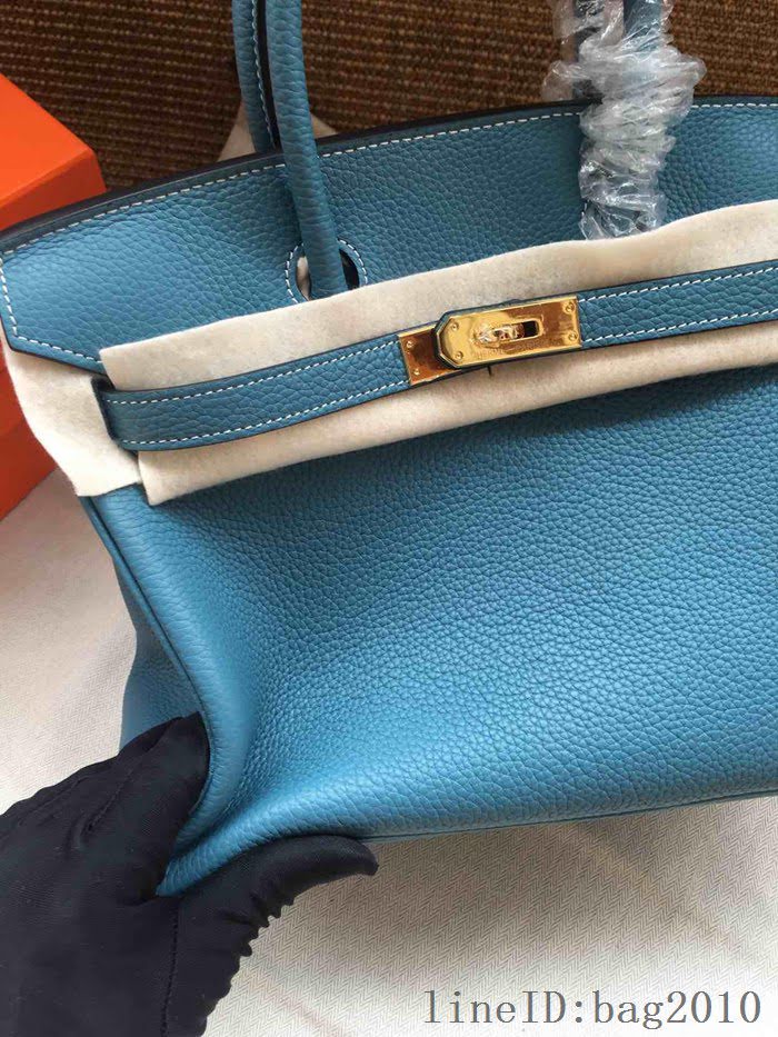 愛馬仕HERMES Birkin 鉑金包 牛仔藍 進口小牛皮 金銀扣 皮質細膩柔軟 時尚女手提包  tdher1130